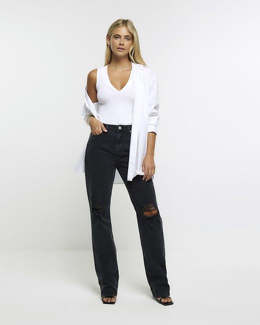River Island High Waist Straight Ripped Jeans