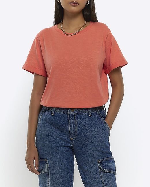 River Island Coral Rolled Sleeve T-Shirt