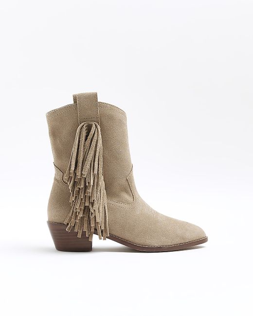 River Island Stone Suede Fringe Detail Western Boots