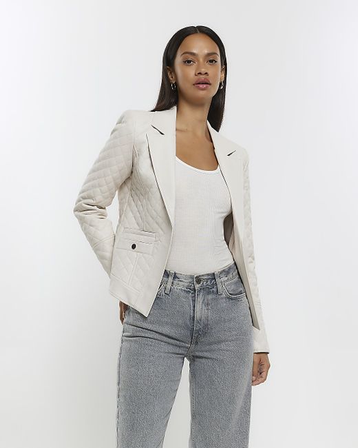River Island Stone Faux Leather Quilted Blazer