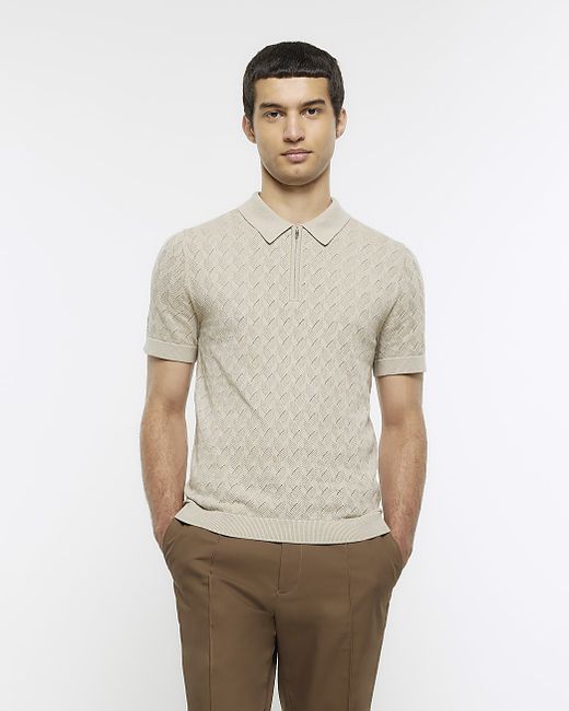 River Island Beige Slim Fit Knitted Stitch Polo Shirt