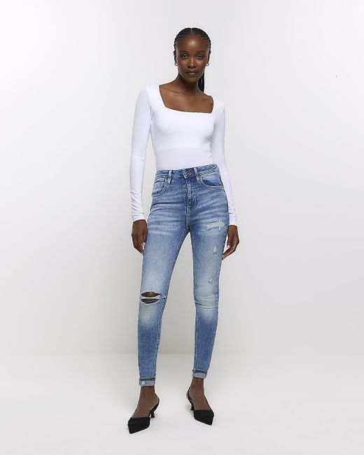 River Island Ripped High Waisted Skinny Jeans