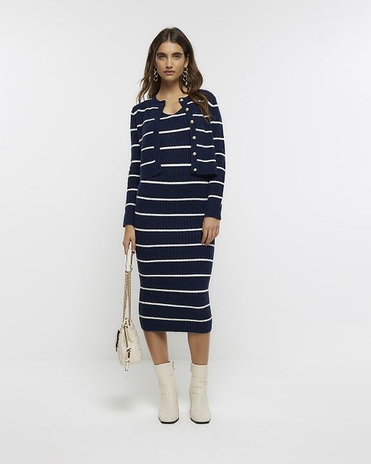 River Island Navy Knitted Stripe Bodycon Midi Dress Set