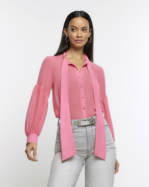 River Island Front Tie Long Sleeve Shirt