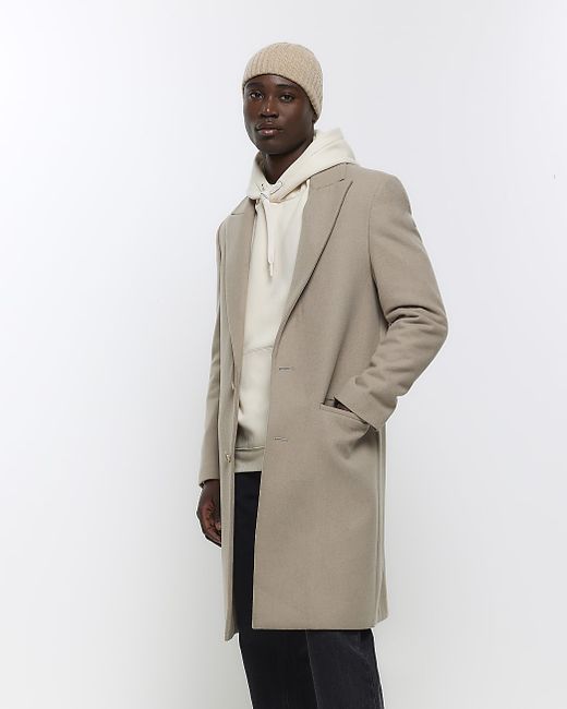 River Island Beige Regular Fit Wool Blend Premium Coat