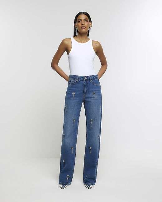 River Island Embellished Relaxed Straight Jeans