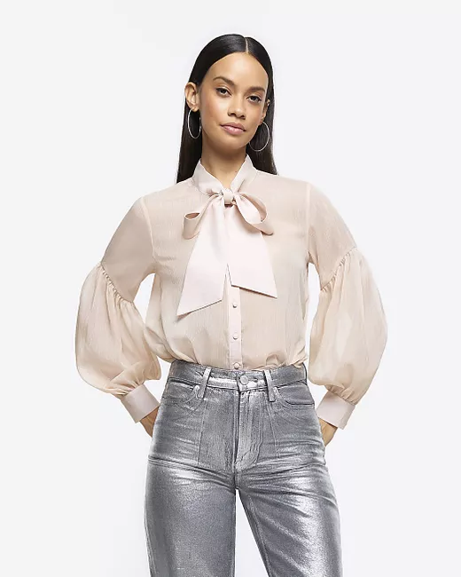 River Island Tie Neck Puff Sleeve Blouse