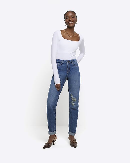 River Island High Waisted Mom Ripped Jeans