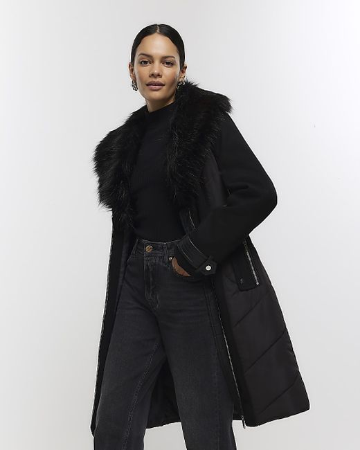 River Island Faux Fur Collar Belted Jacket