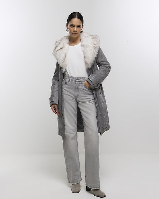 River Island Faux Fur Collar Belted Jacket