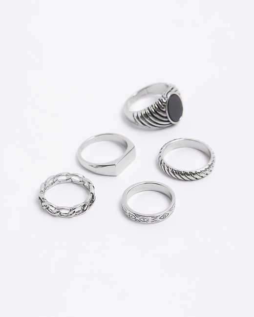 River Island Silver Colour Stone Textured Ring Multipack