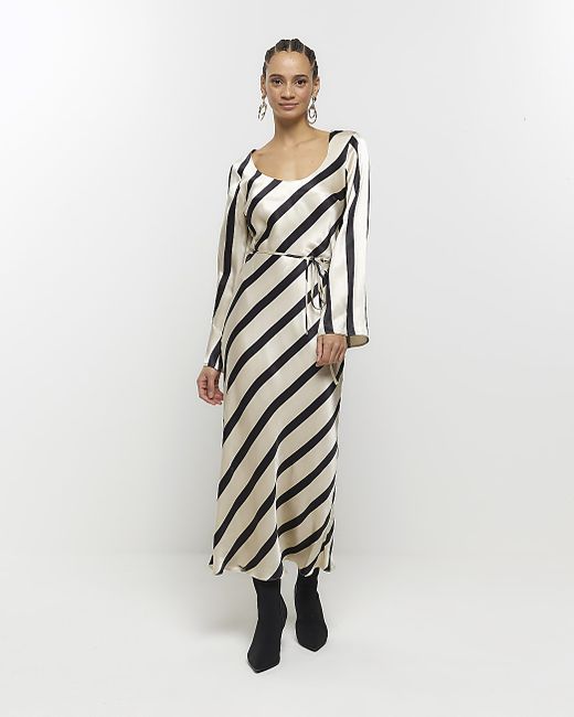 River Island Satin Stripe Belted Slip Midi Dress
