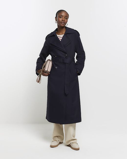 River Island Navy Double Collar Belted Trench Coat