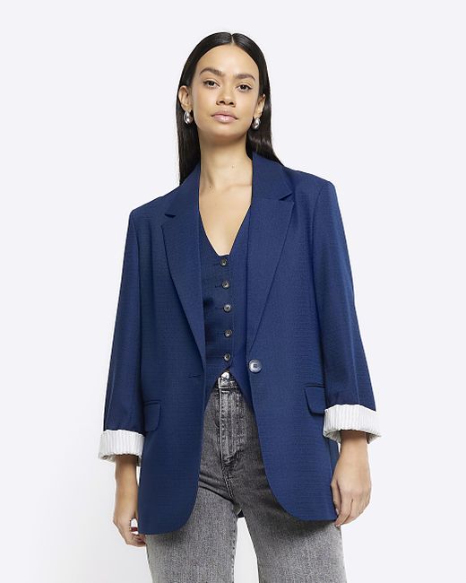 River Island Navy Rolled Sleeve Relaxed Blazer