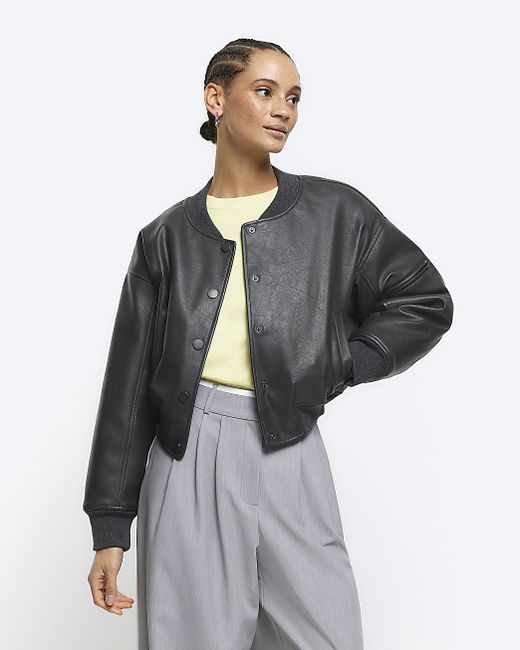 River Island Faux Leather Crop Bomber Jacket