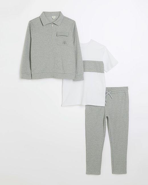 River Island Boys Grey Herringbone Zip Up Sweatshirt Set