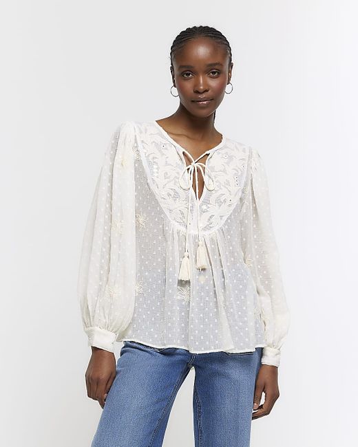 River Island Cream Embroidered Tie Up Blouse