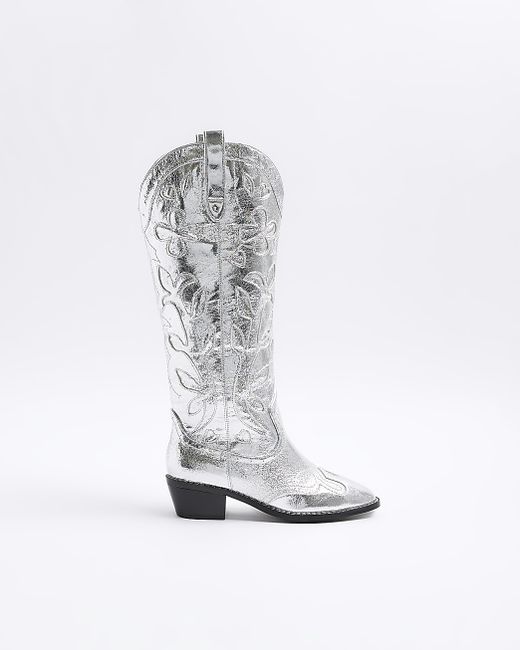 River Island Silver Western High Boots