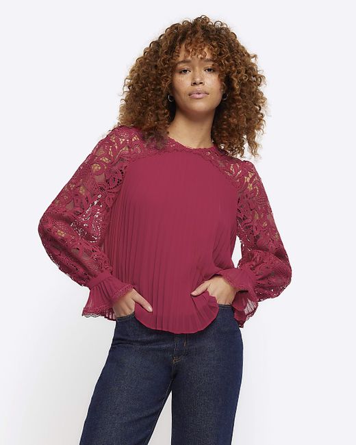 River Island Pleated Lace Sleeve Blouse