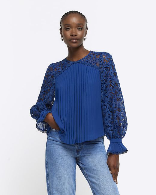 River Island Navy Plisse Lace Sleeve Blouse