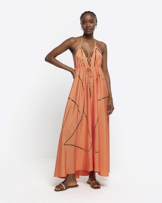 River Island Coral Embellished Plunge Beach Maxi Dress
