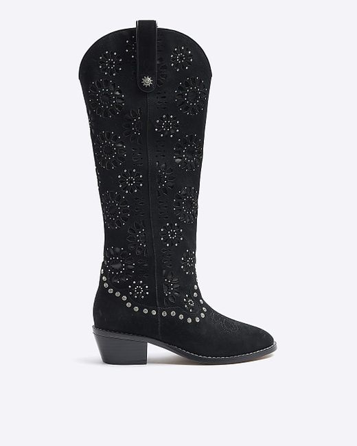 River Island Suede High Leg Cut Out Western Boot