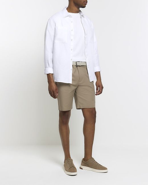 River Island Beige Slim Fit Belted Chino Shorts