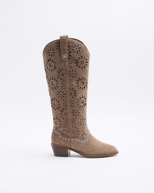 River Island Suede High Leg Cut Out Western Boot