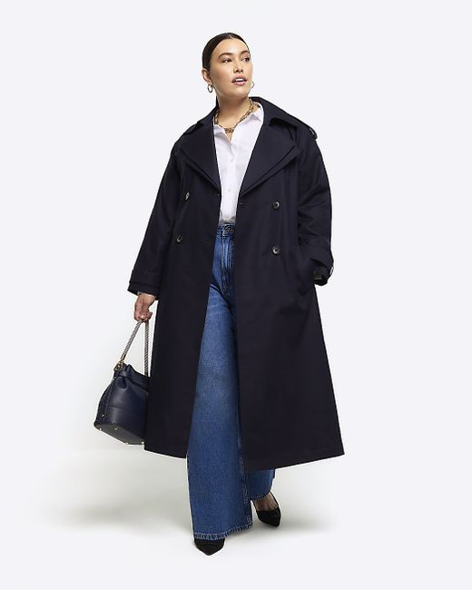 River Island Plus Navy Double Collar Belted Trench Coat