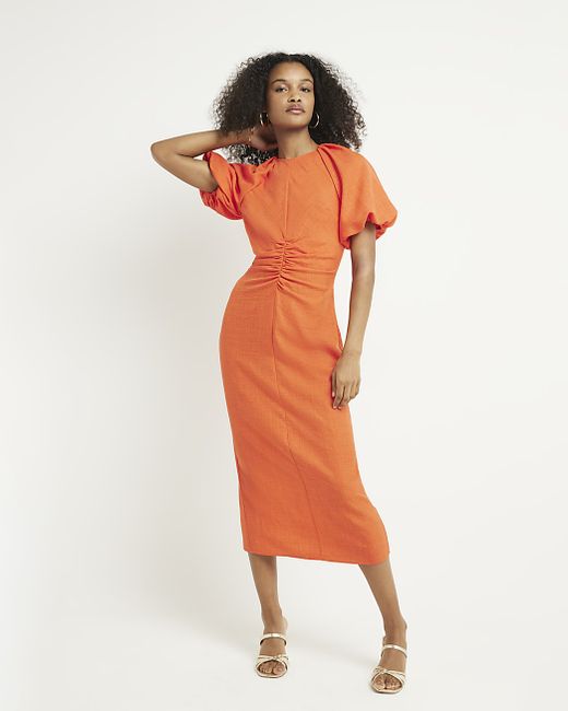 River Island Coral Ruched Puff Sleeve Bodycon Midi Dress