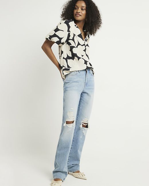 River Island High Waisted Ripped Straight Jeans