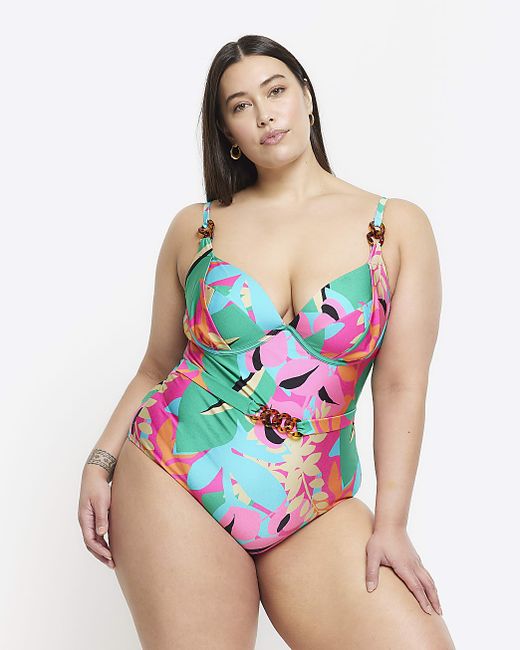 River Island Plus Abstract Belted Swimsuit