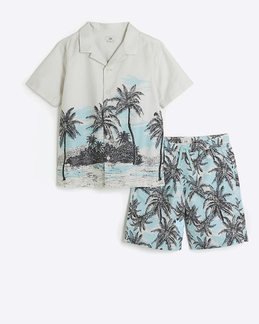 River Island Boys Ecru Palm Tree Shirt And Shorts Set