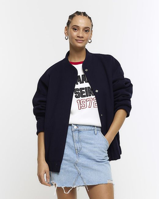 River Island Navy Button Up Bomber Jacket