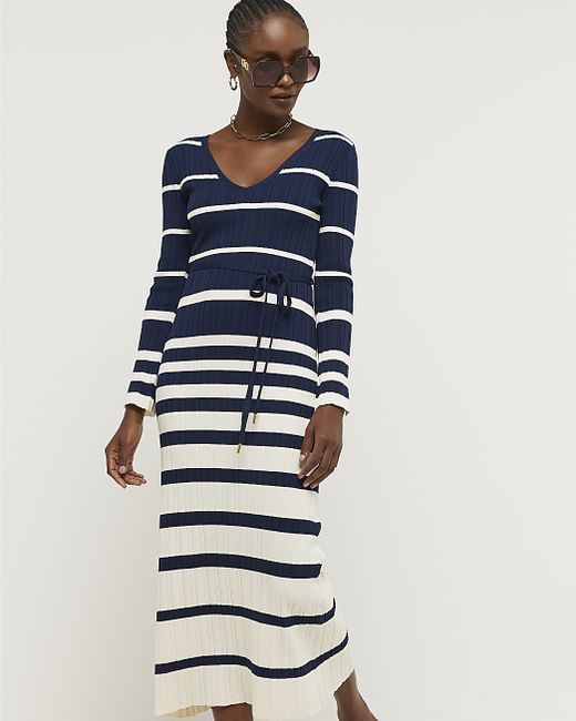 River Island Navy Ribbed Stripe Belted Bodycon Maxi Dress