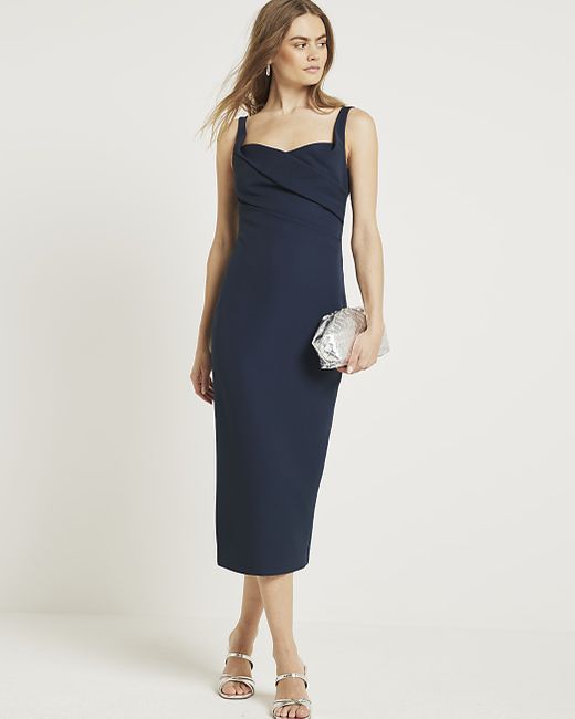 River Island Navy Ruched Open Back Bodycon Midi Dress