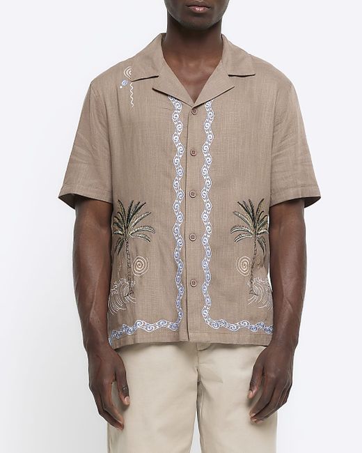 River Island Regular Fit Embroidery Linen Palm Shirt