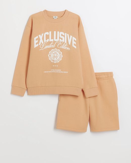 River Island Boys Coral Graphic Sweatshirt And Shorts Set