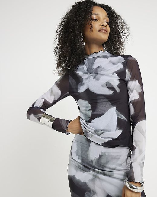 River Island Mesh Floral Long Sleeve Top