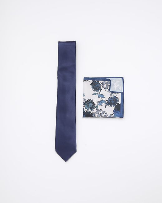 River Island Satin Floral Tie And Handkerchief Set