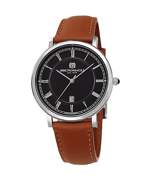 Bruno Magli Milano 1201 Stainless Steel Leather-Strap Three-Hand Watch