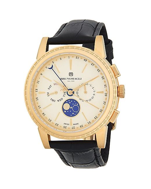 Bruno Magli Moon Phase Stainless Steel Leather Strap Chrono Watch