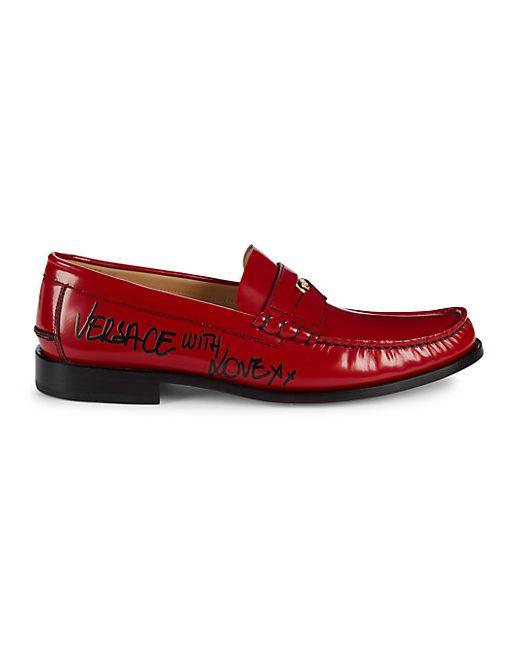 Versace Logo-Print Leather Penny Loafers