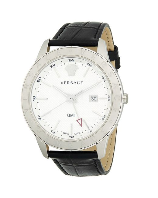 Versace Analog Stainless Steel Leather Strap Watch