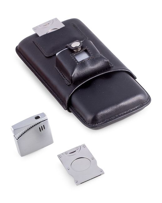 Bey-Berk 3-Piece Leather Cigar Holder Stainless Steel Cutter Lighter Set