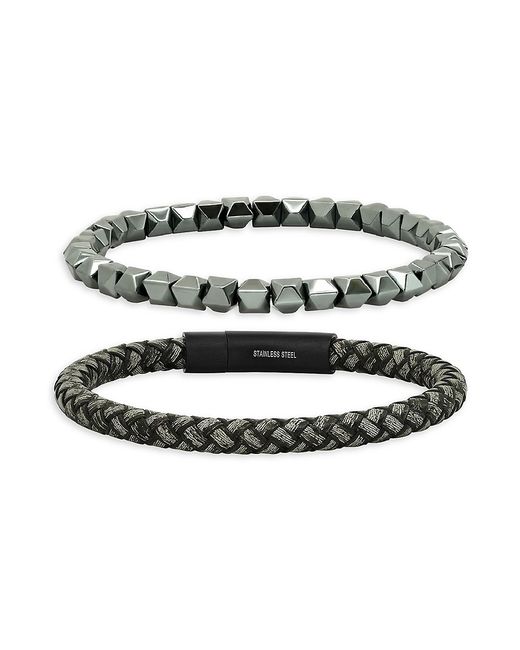 Anthony Jacobs 2-Piece Leather IP Stainless Steel Hematite Bracelets