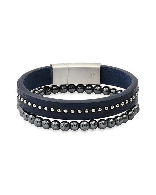 Anthony Jacobs 2-Piece Stainless Steel Leather Hematite Bracelet Set