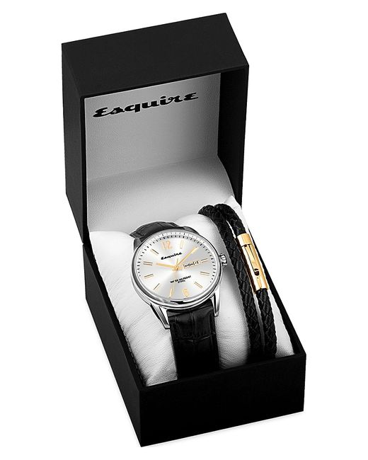 Esquire 2-Piece Stainless Steel Leather Strap Watch Wrap Bracelet Set