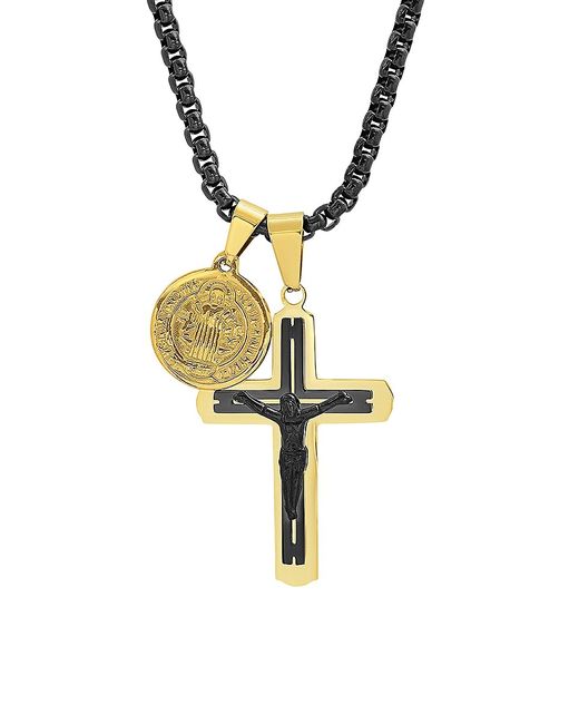 Anthony Jacobs Tri-Tone Stainless Steel Crucifix St. Benedict Pendant Necklace
