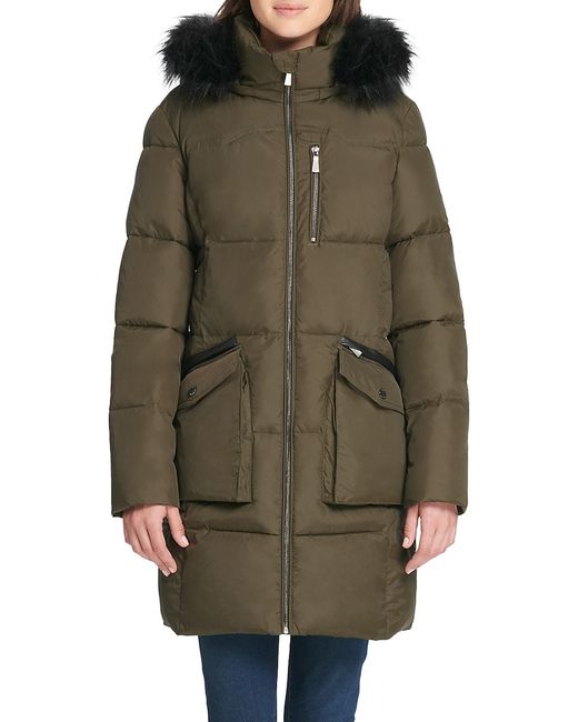 Dkny Quilted Faux Fur-Trim Hooded Coat